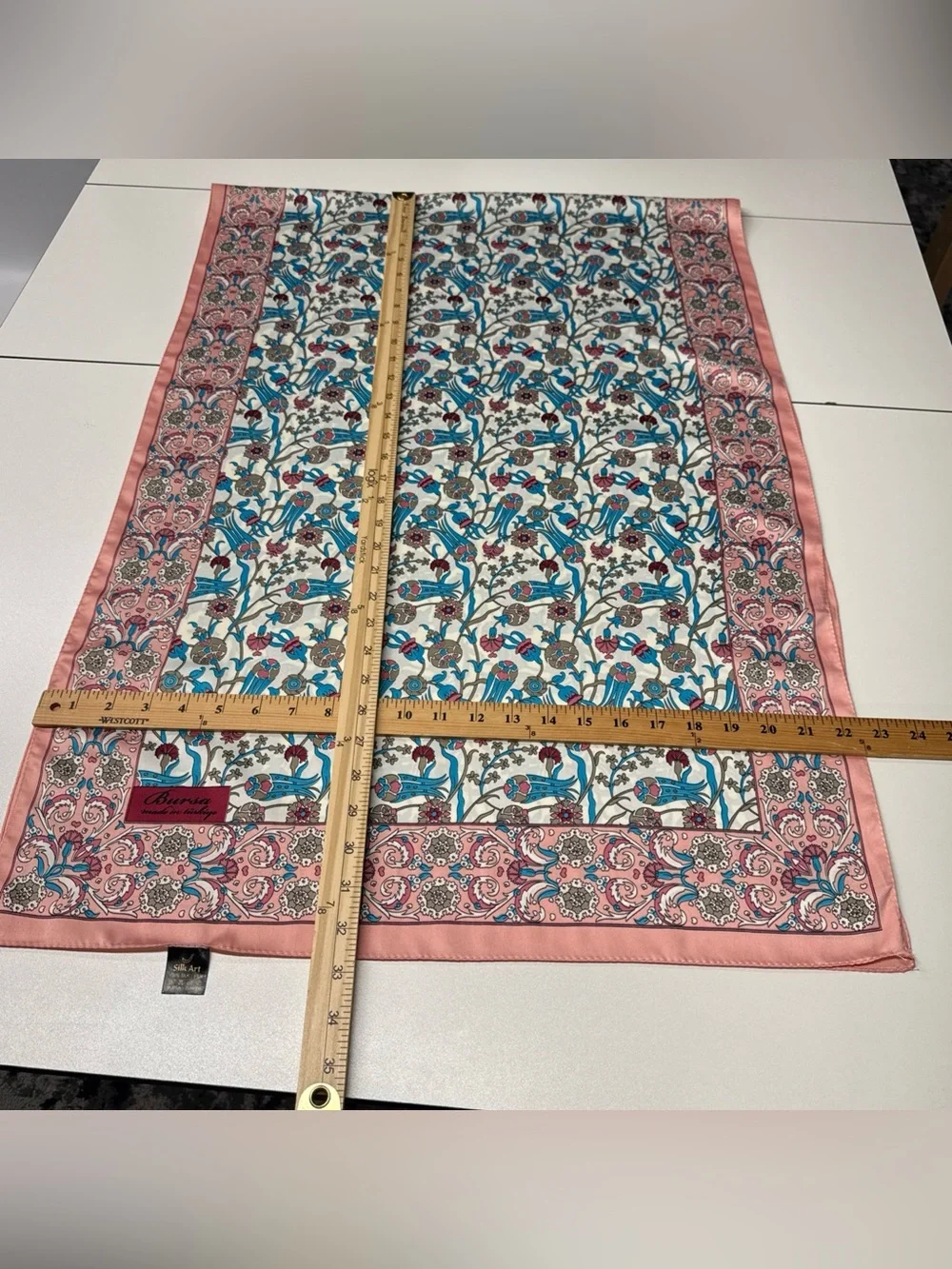 Bursa‎ Silk Art Scarf Wrap Oblong Made in Turkey Floral Pink Blue 66